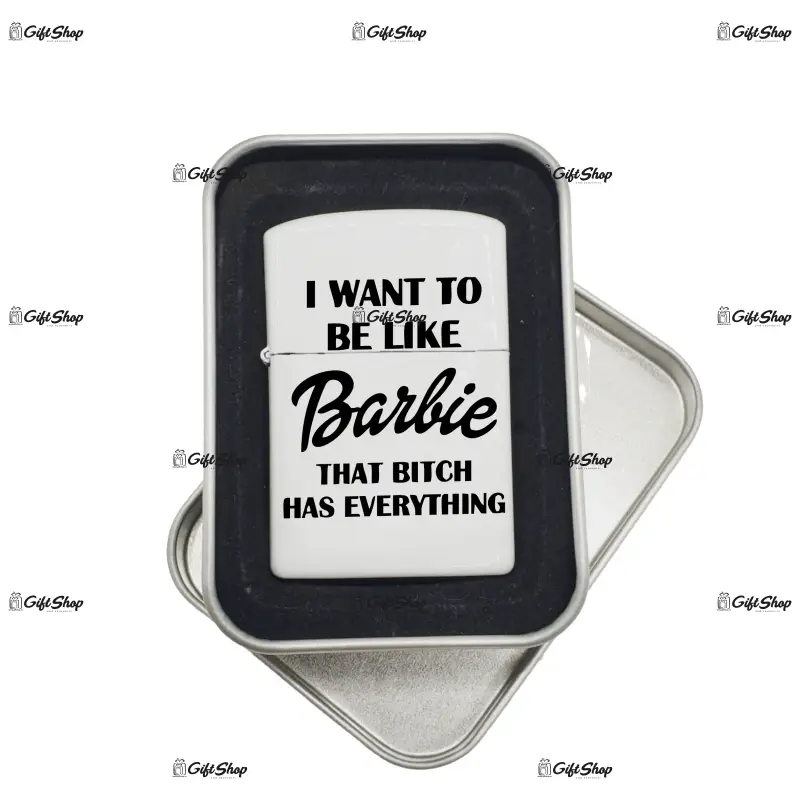 I want to be like barbie, bricheta metalica gravata laser cu mesaj